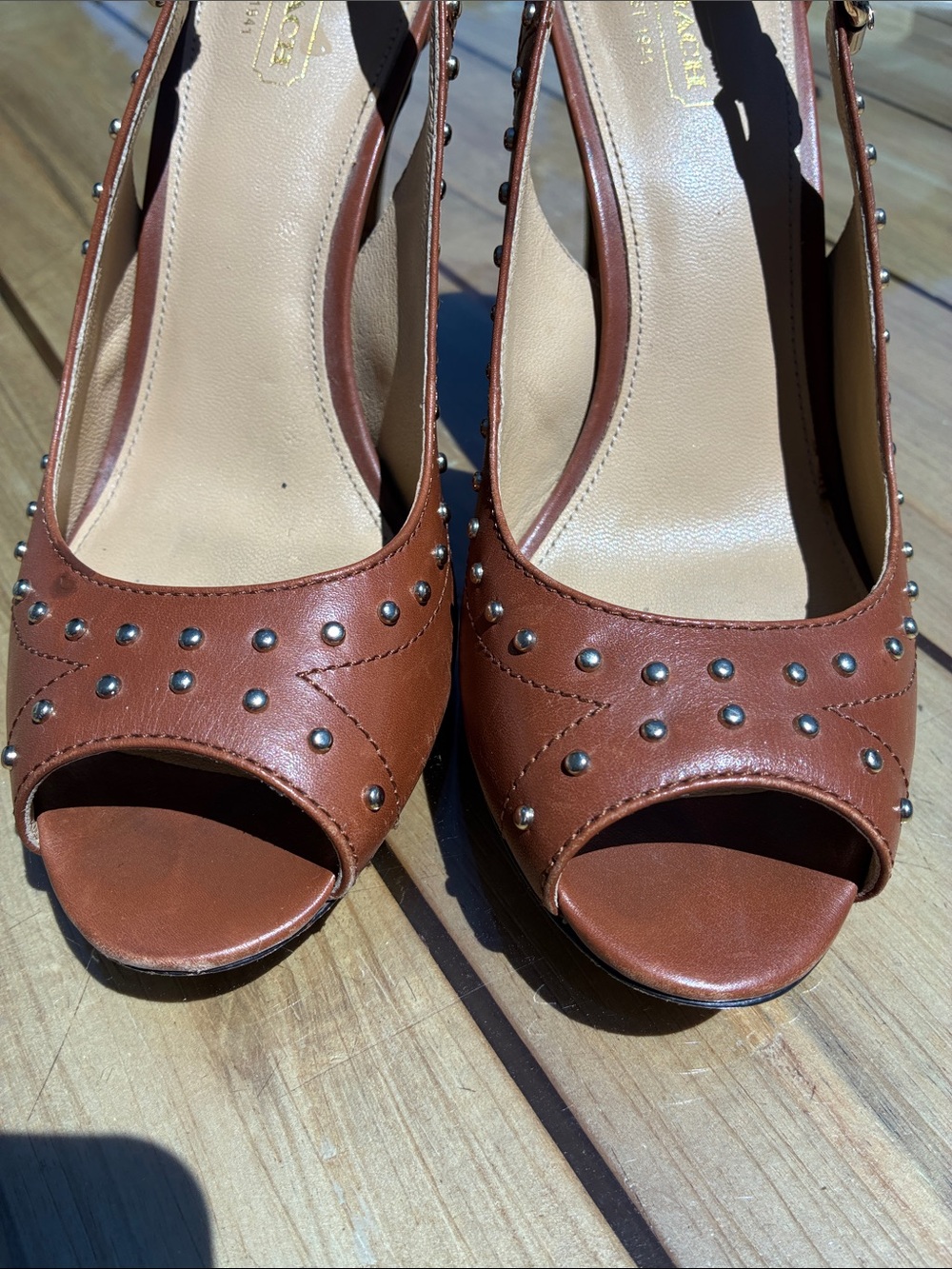 Coach Billie Women's Brown Studded Peep-Toe Heels with Buckle Strap - Picture 4 of 8